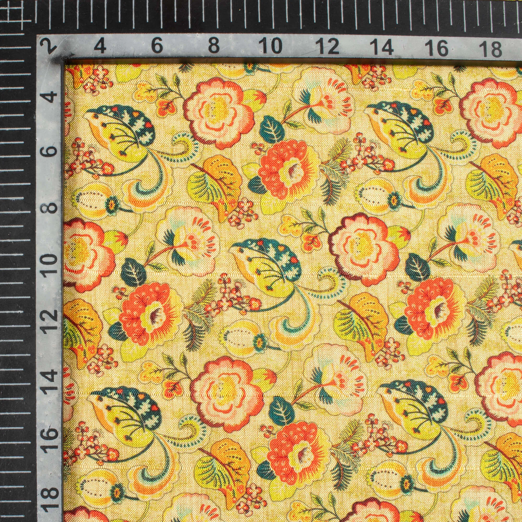 Olive Green And Fire Orange Floral Pattern Digital Print Art Tusser Silk Fabric