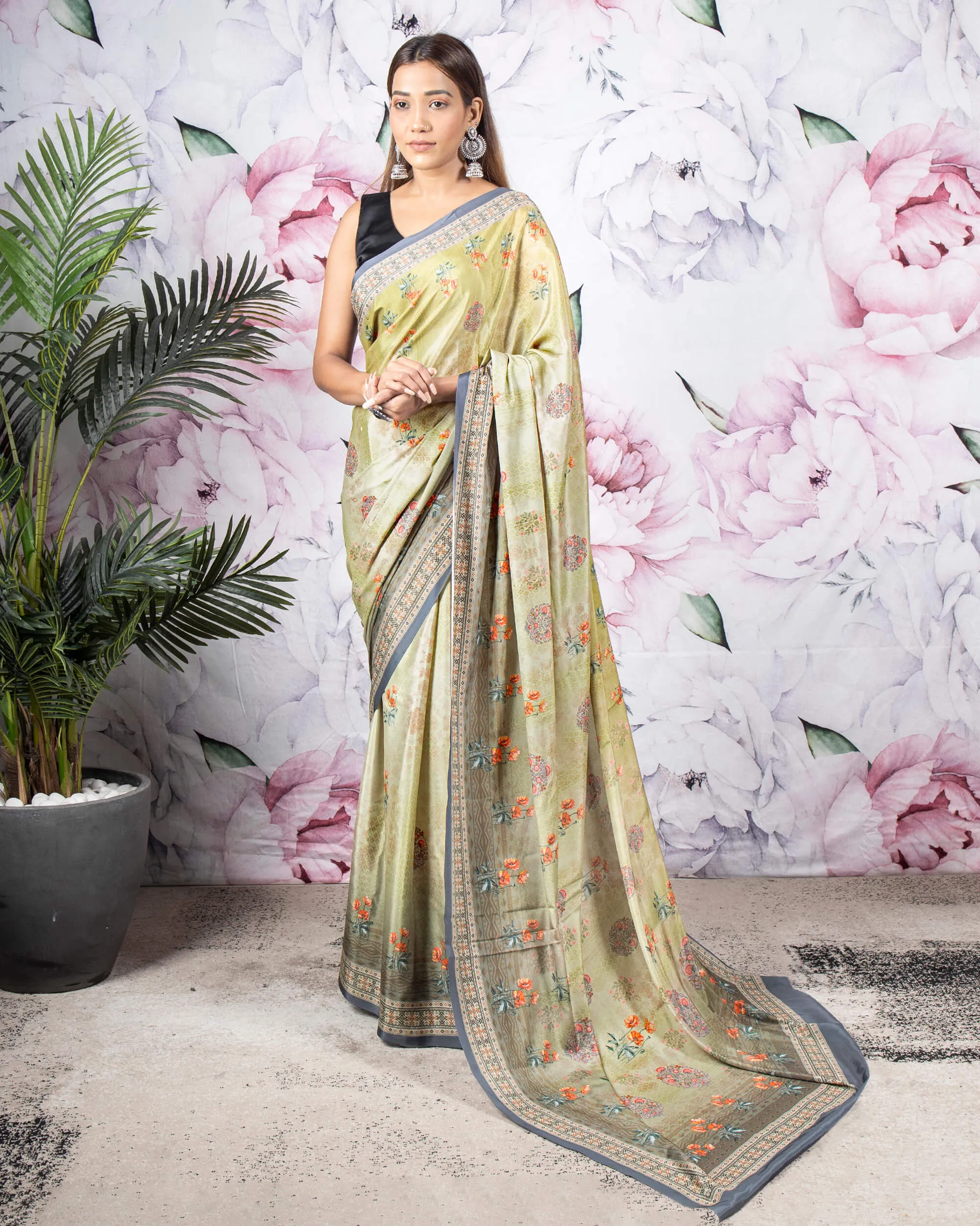 Olive Green And Orange Floral Pattern Digital Print Crepe Silk Saree