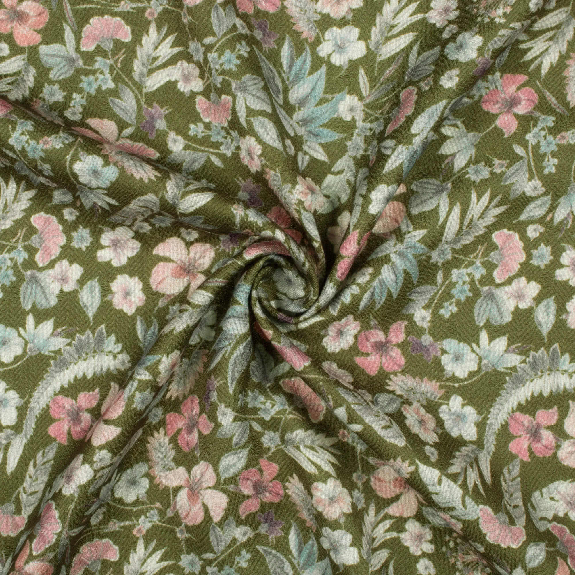 Olive Green And Pink Floral Pattern Digital Print Elegant Blend Pashmina Fabric