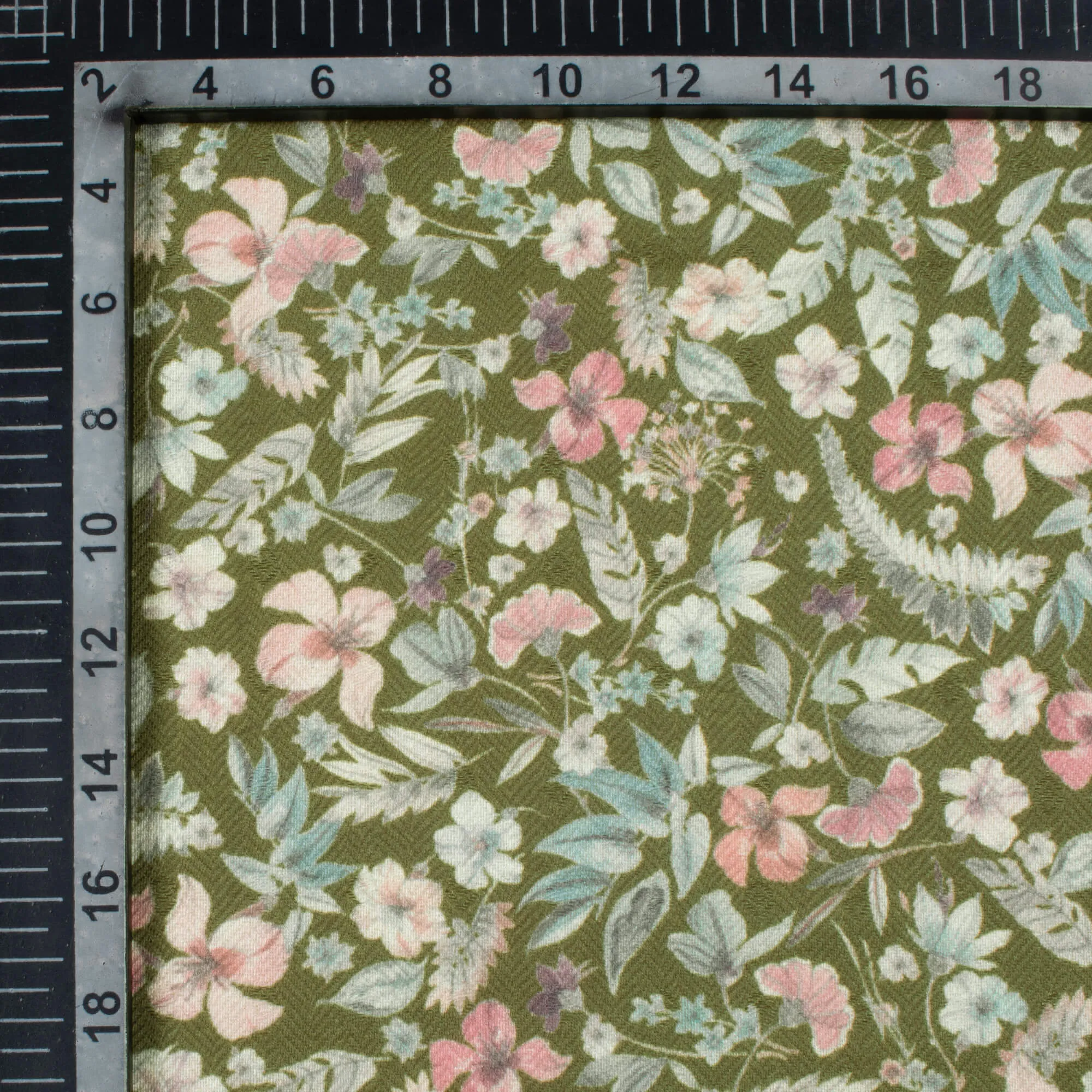 Olive Green And Pink Floral Pattern Digital Print Elegant Blend Pashmina Fabric