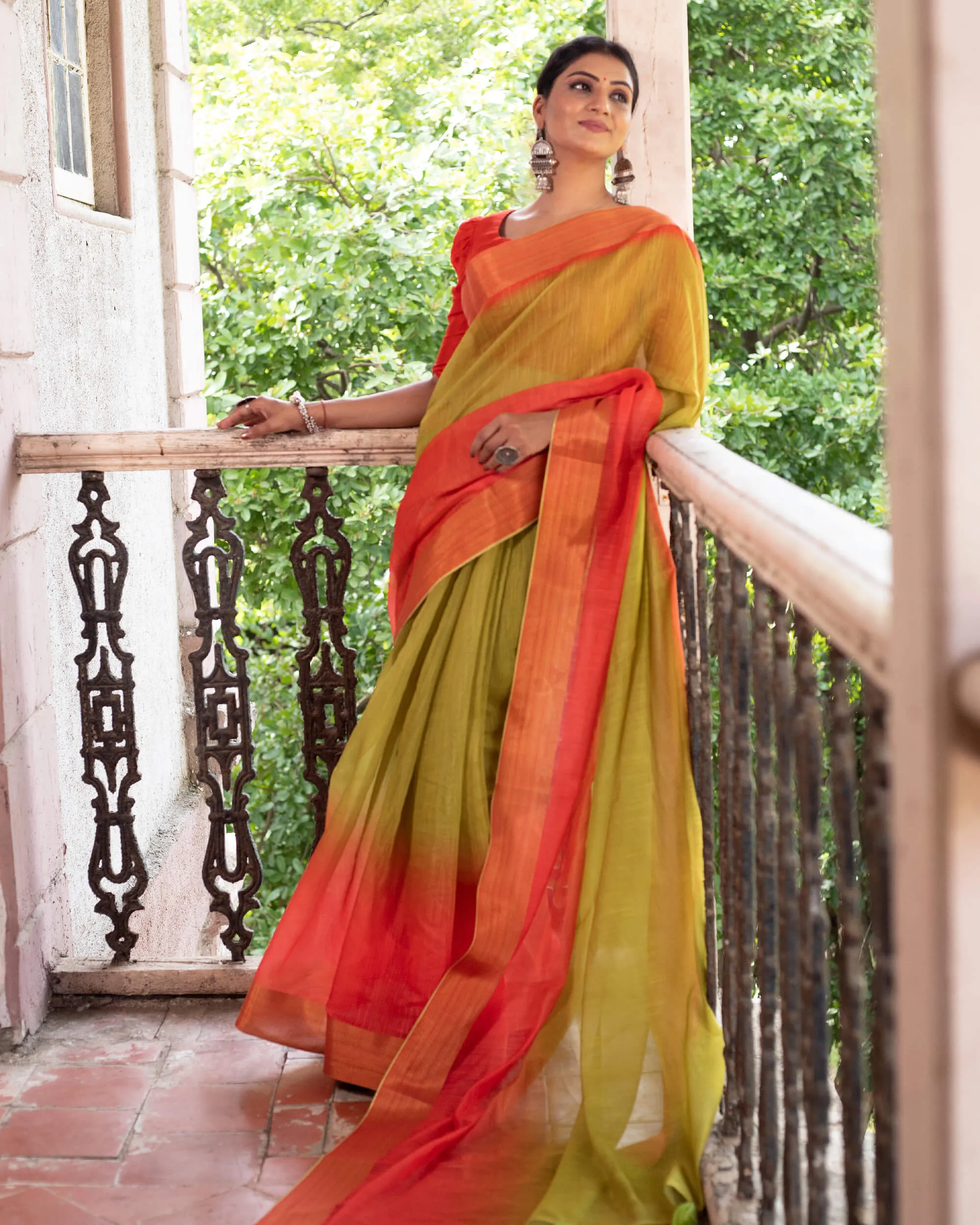 Olive Green And Red Ombre Pattern Digital Print Chanderi Saree With Zari Border