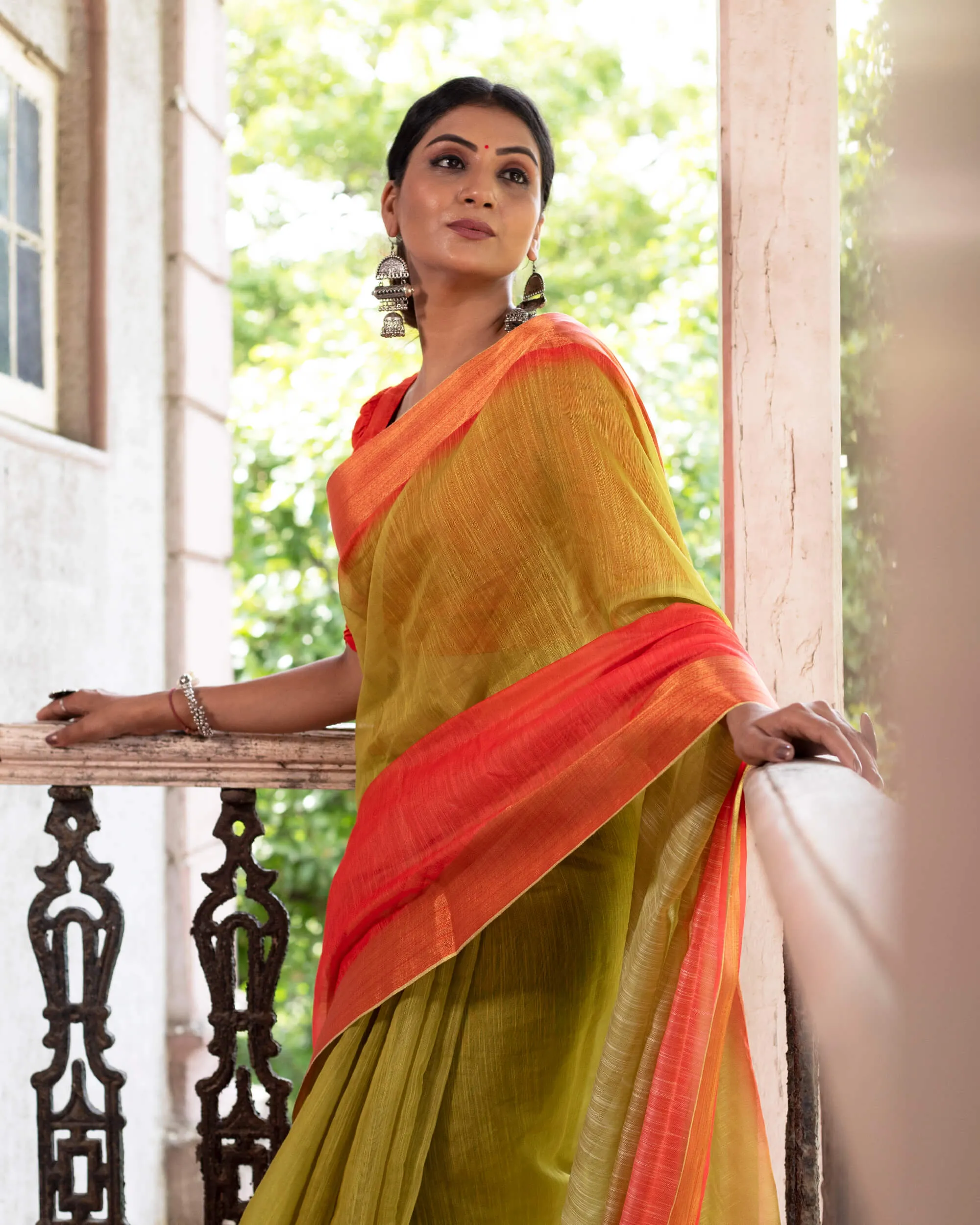 Olive Green And Red Ombre Pattern Digital Print Chanderi Saree With Zari Border