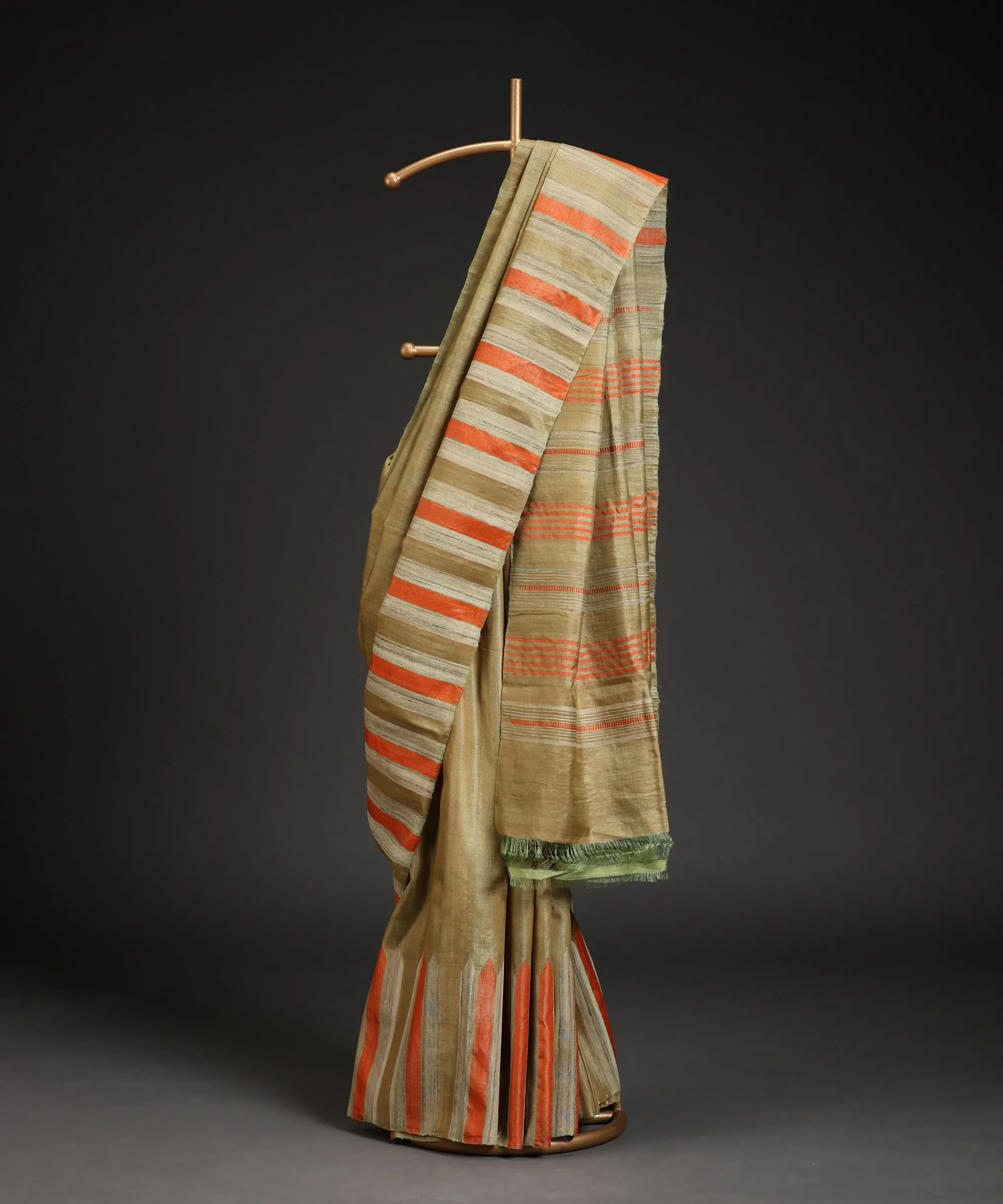 Olive Green Handloom Double Shade Pure Kosa Silk Saree With Stripes And Temple Border