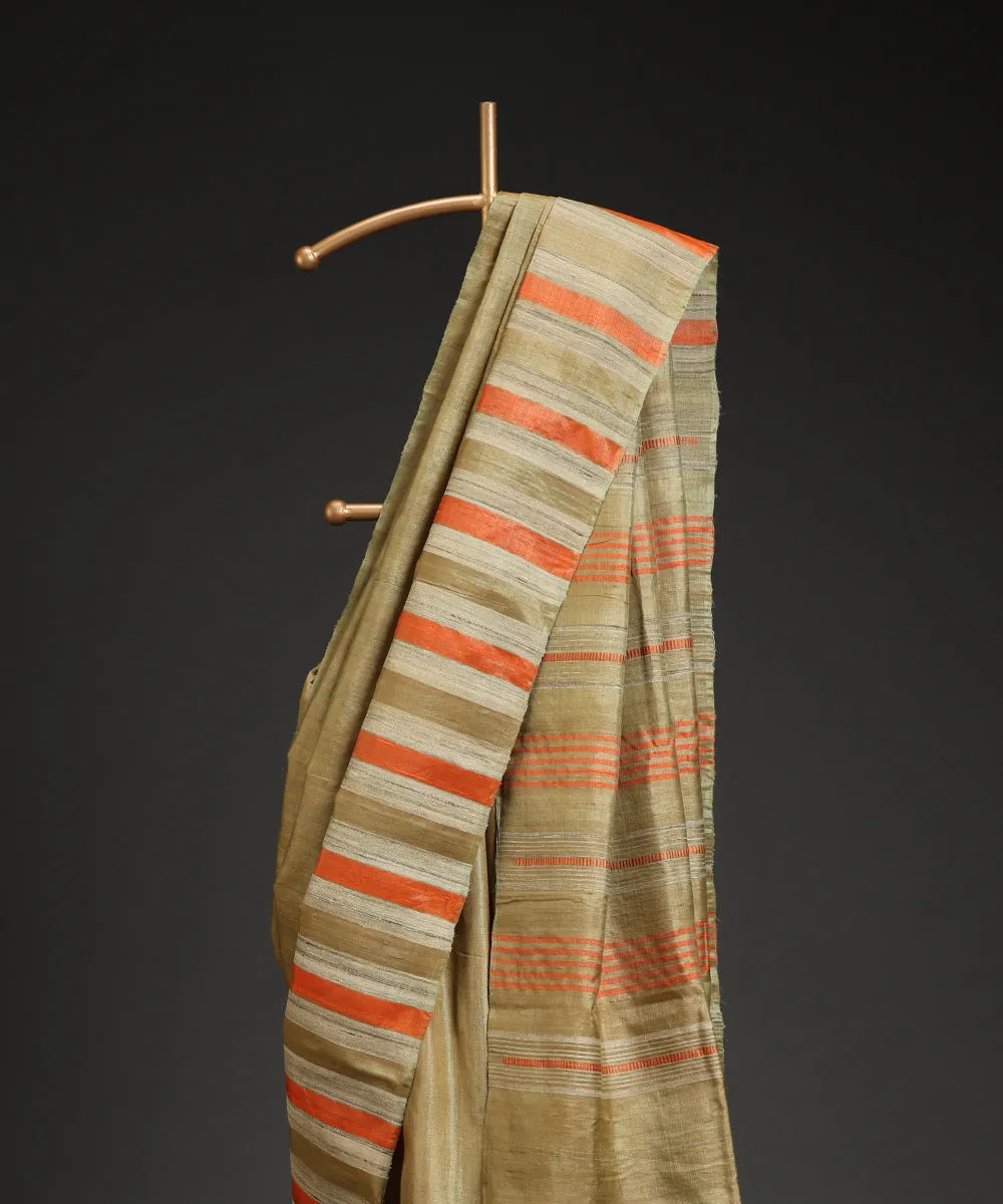 Olive Green Handloom Double Shade Pure Kosa Silk Saree With Stripes And Temple Border