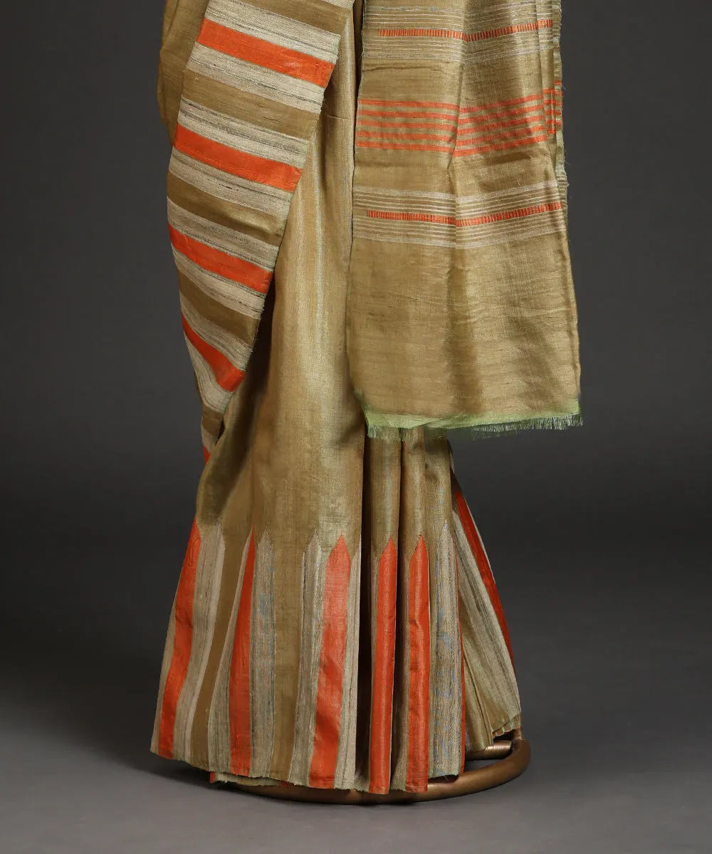 Olive Green Handloom Double Shade Pure Kosa Silk Saree With Stripes And Temple Border