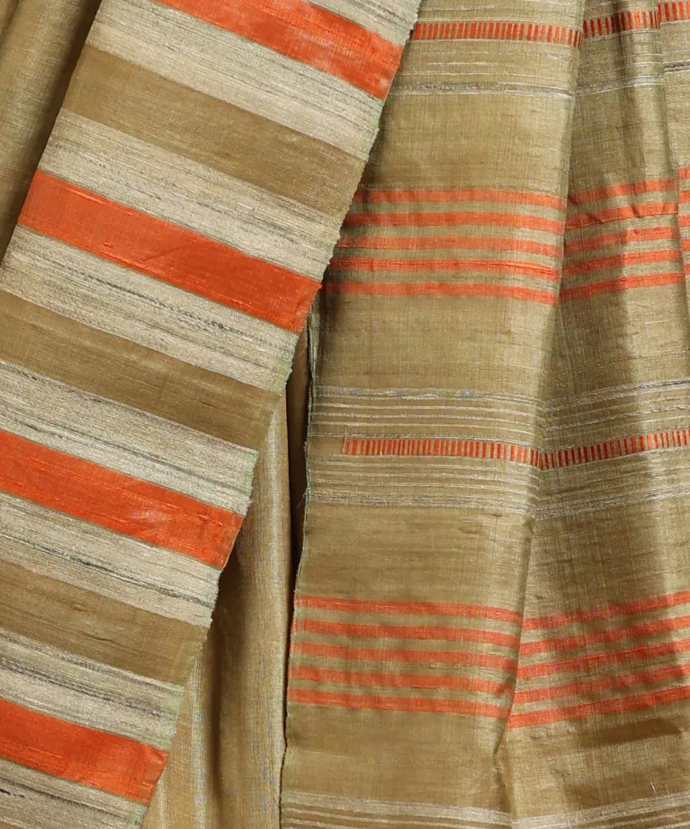 Olive Green Handloom Double Shade Pure Kosa Silk Saree With Stripes And Temple Border