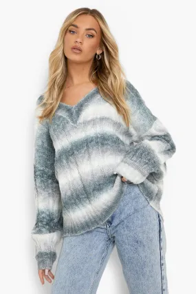 Ombre V Neck Cable Knit Sweater