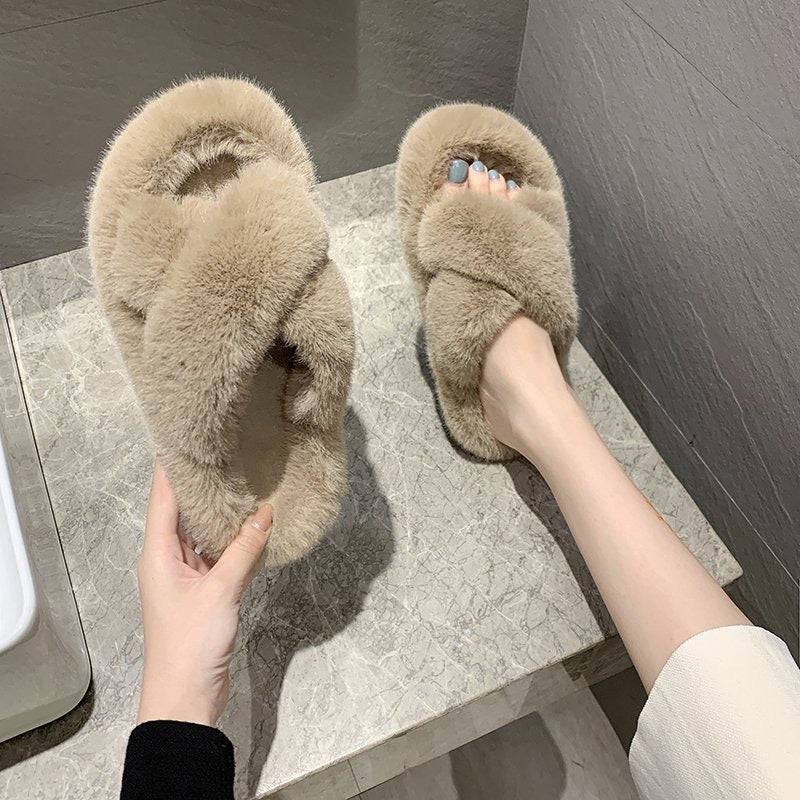 Open Toe Faux Fur Flat Mules