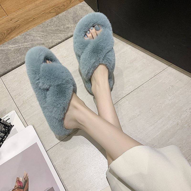 Open Toe Faux Fur Flat Mules