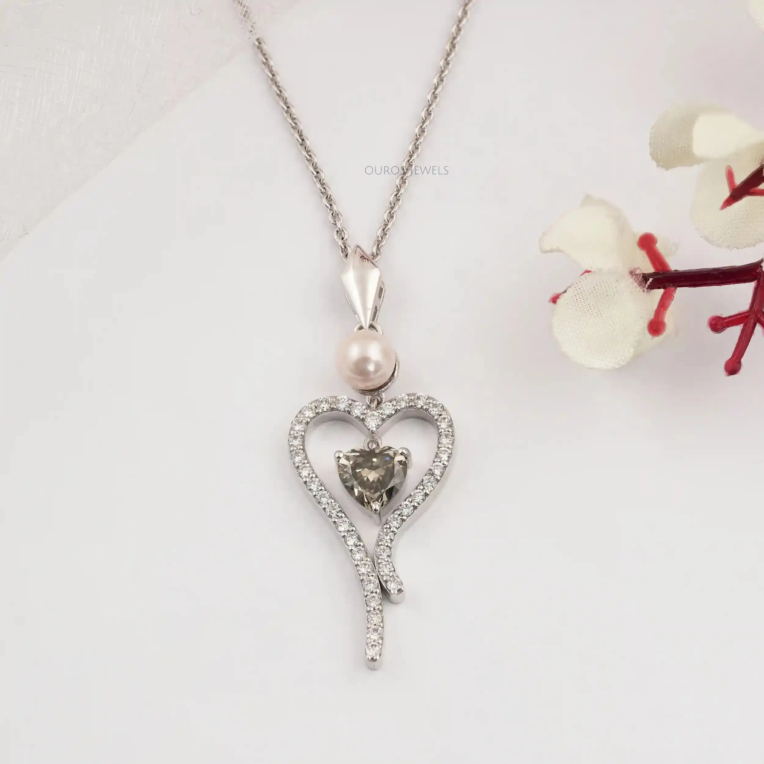 Pearl And Olive Heart Diamond Pendant