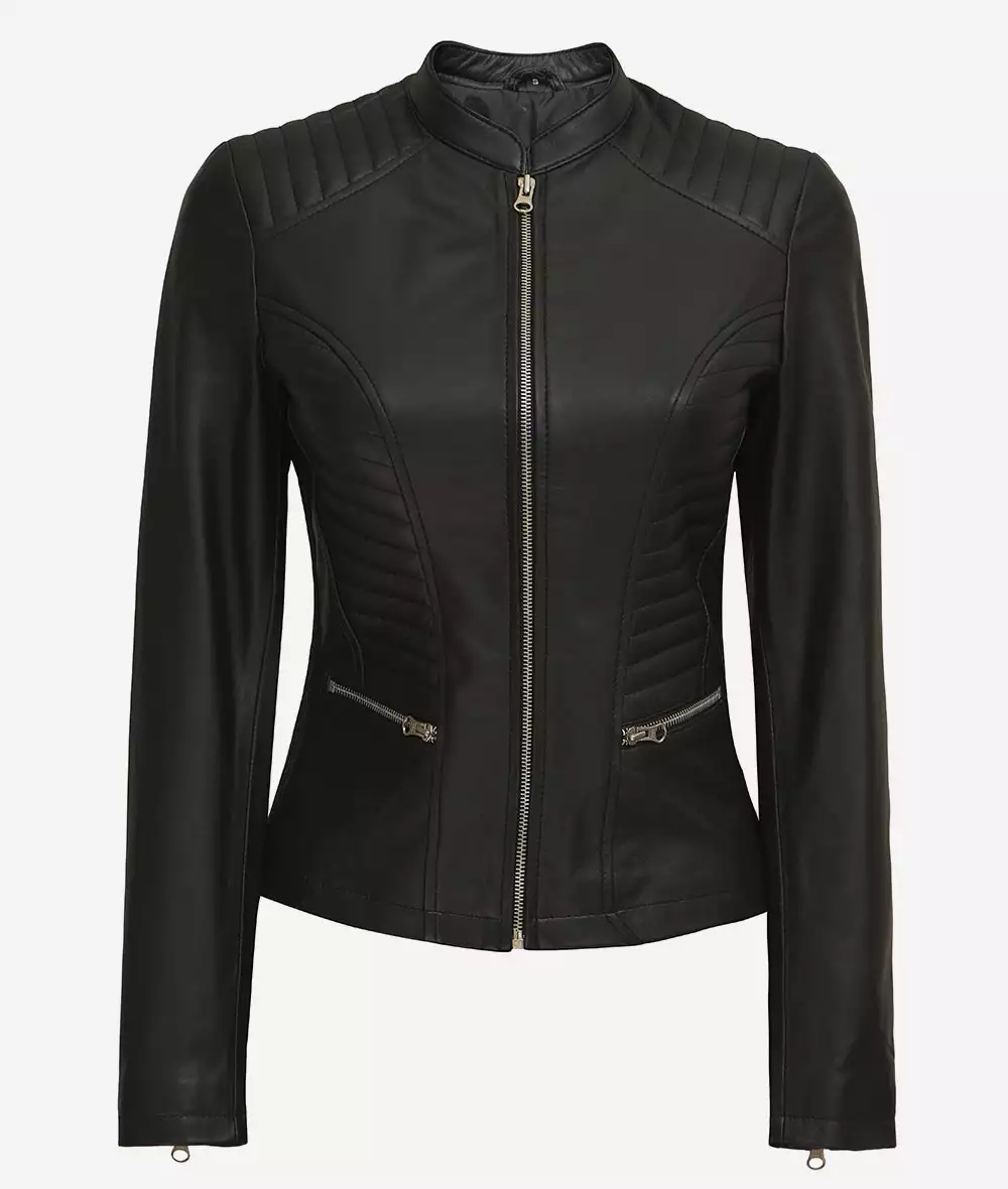 Petite Womens Black Cafe Racer Slim fit Leather Jacket