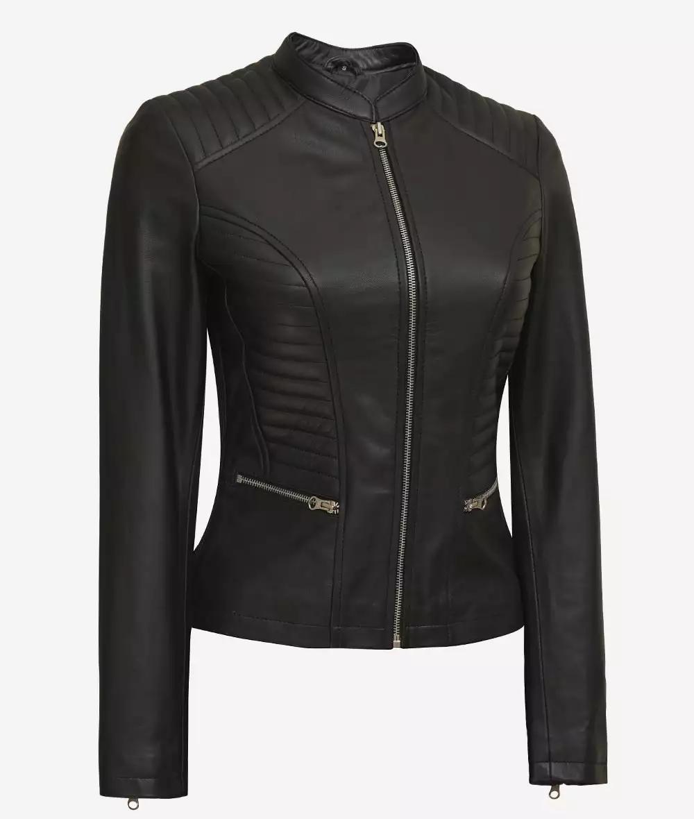 Petite Womens Black Cafe Racer Slim fit Leather Jacket