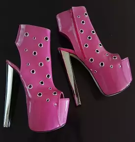 Pink Metal Punch Peep-Toe High Heel Booties