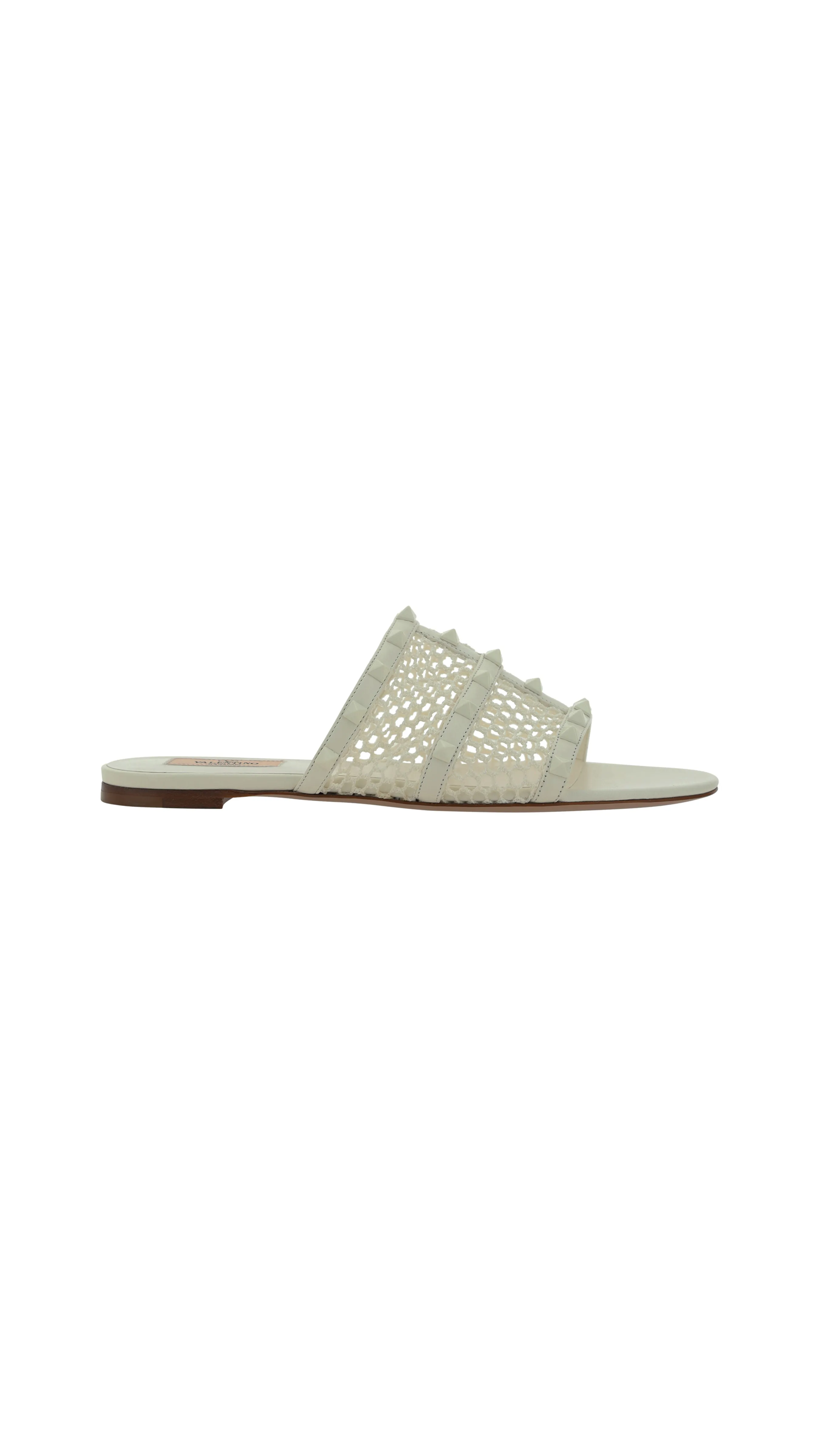 Rockstud and Mesh Flat Slide Sandals - White