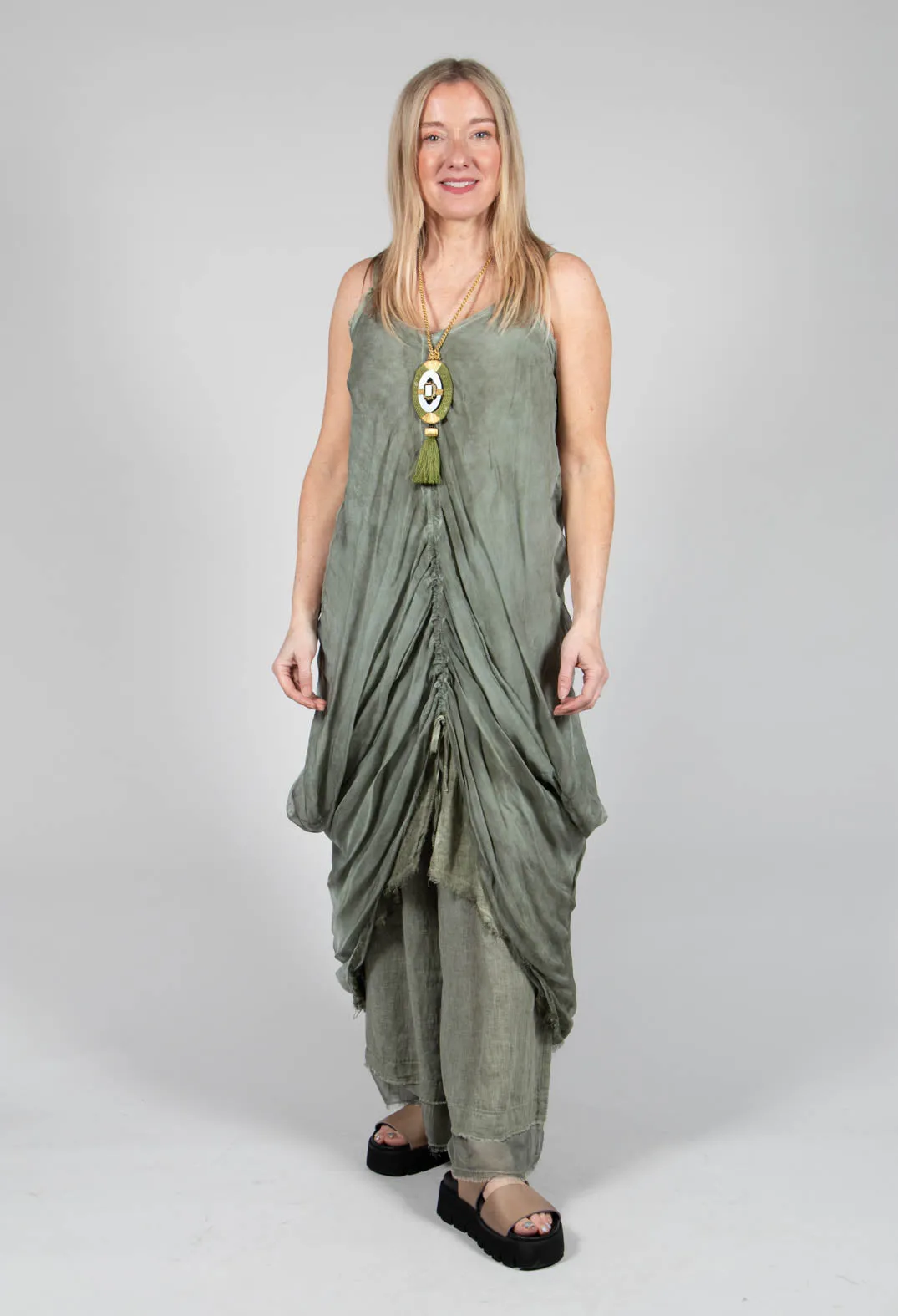 Ruched Dress in Lino and Viscosa Seta Olive