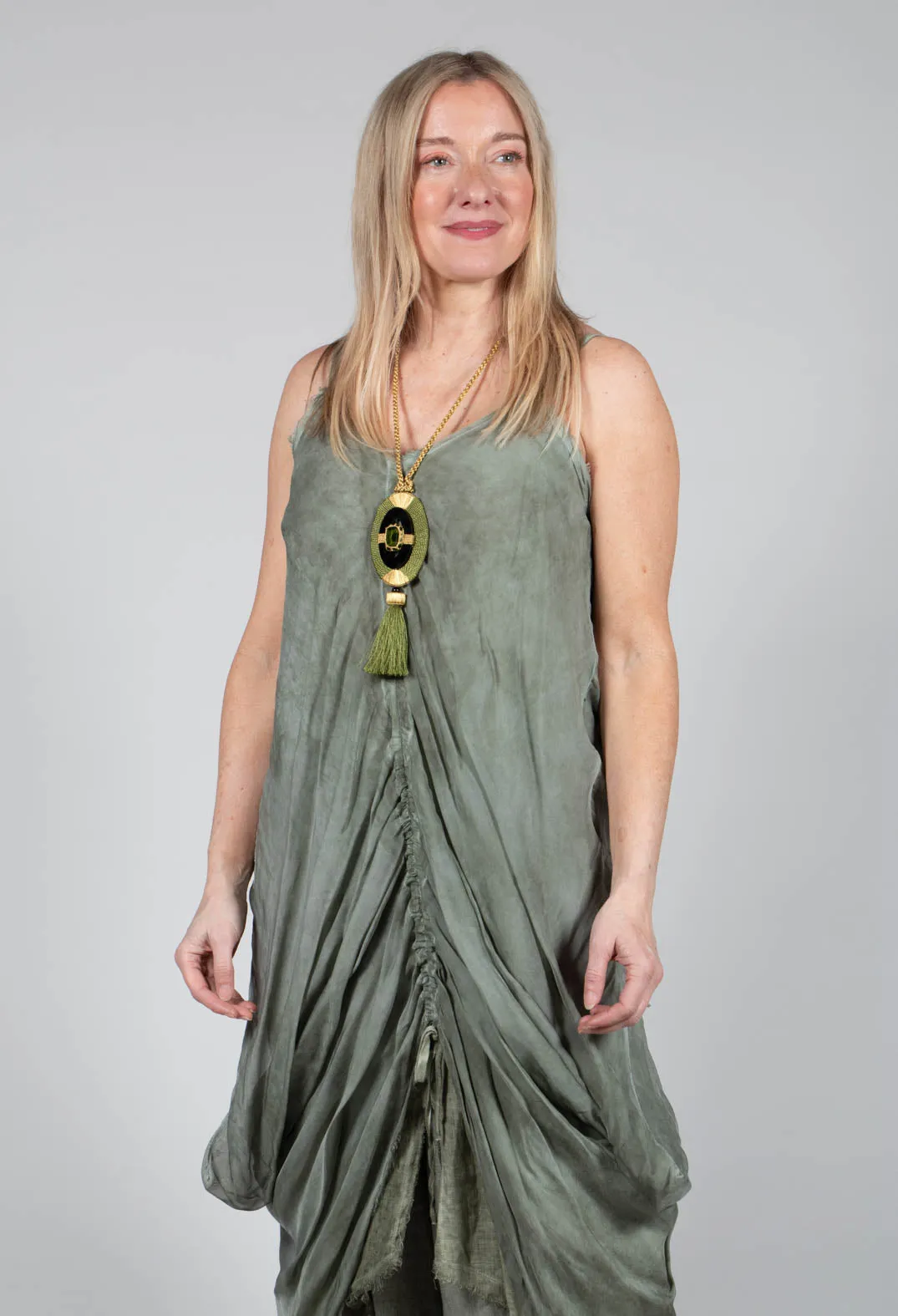 Ruched Dress in Lino and Viscosa Seta Olive