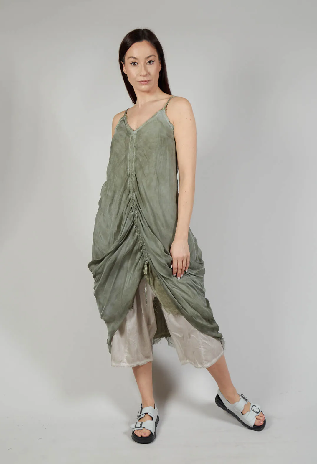 Ruched Dress in Lino and Viscosa Seta Olive