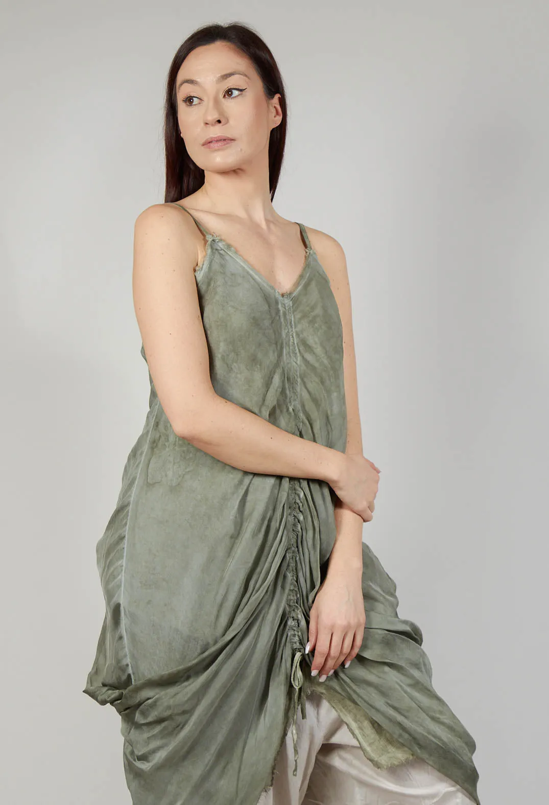 Ruched Dress in Lino and Viscosa Seta Olive