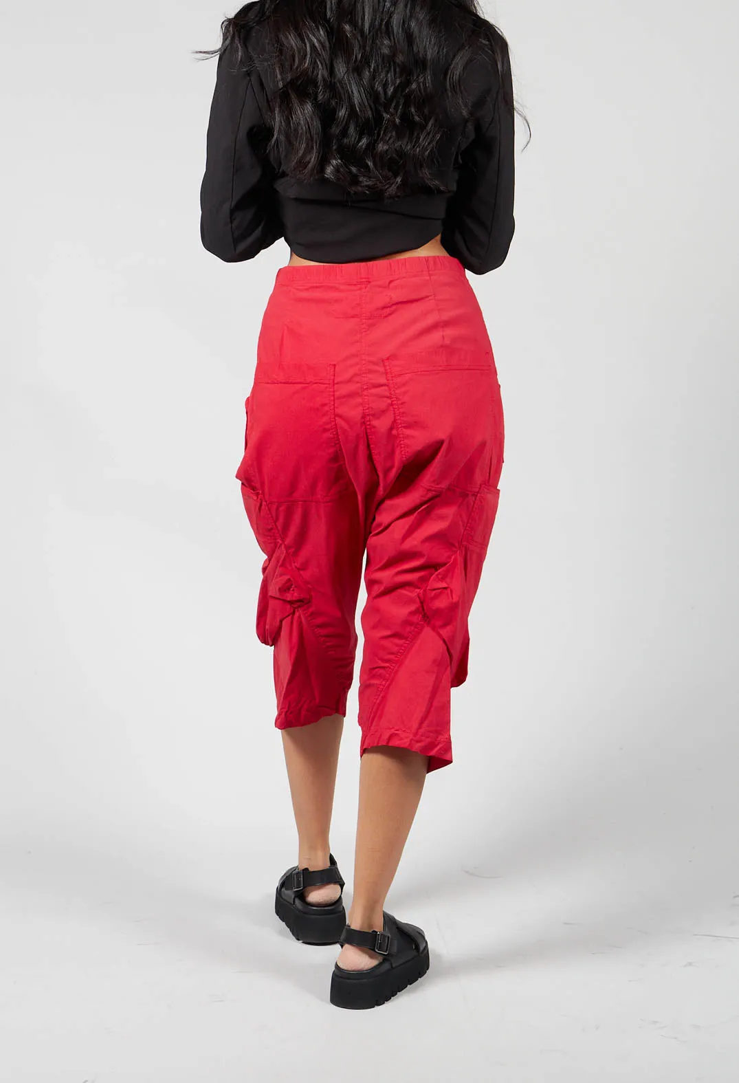 Short Drop Crotch Trousers With Side Pockets in Red