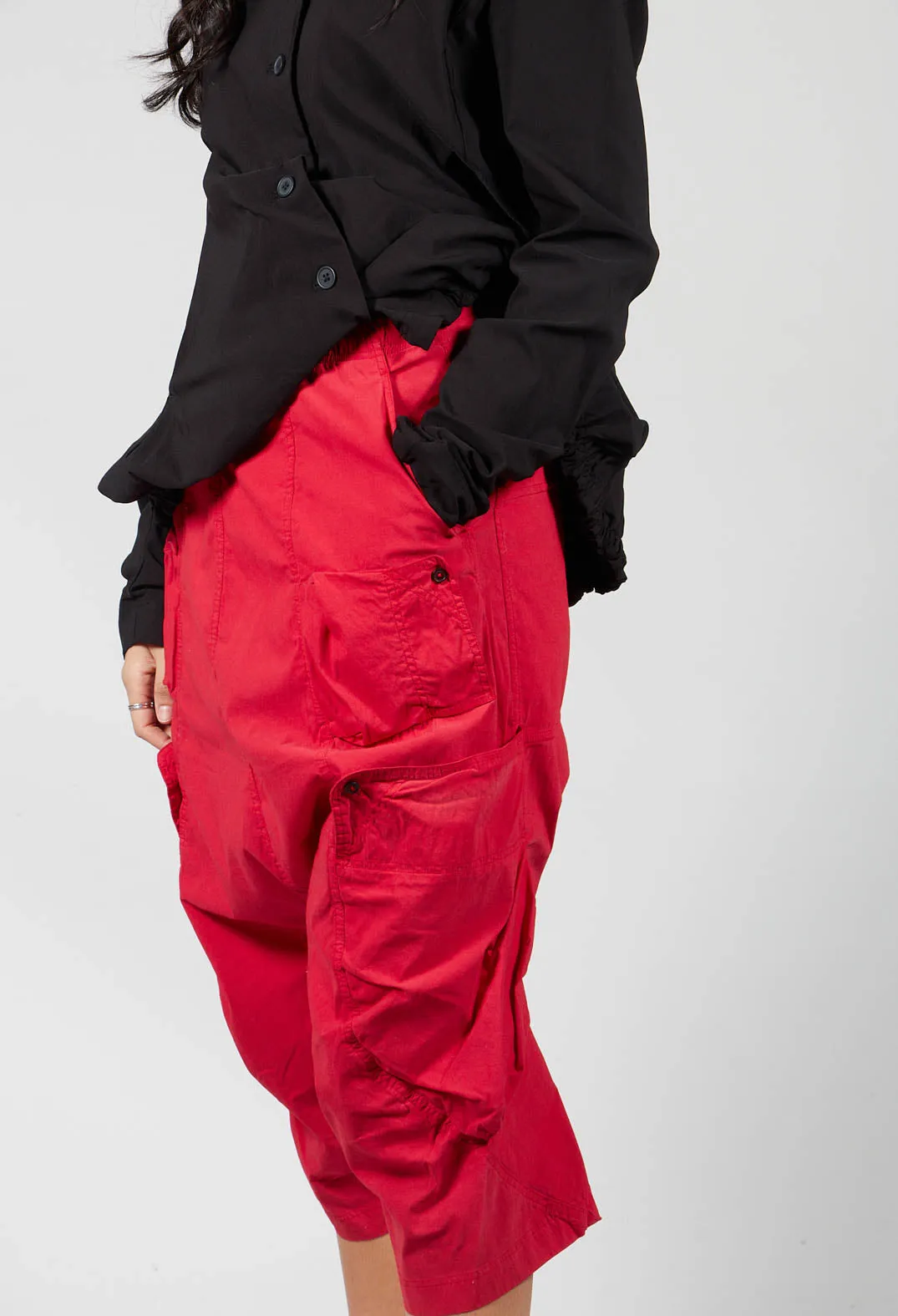 Short Drop Crotch Trousers With Side Pockets in Red