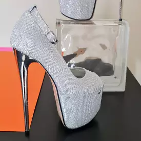 Silver Shimmer Open Toe Ankle Strap Heels