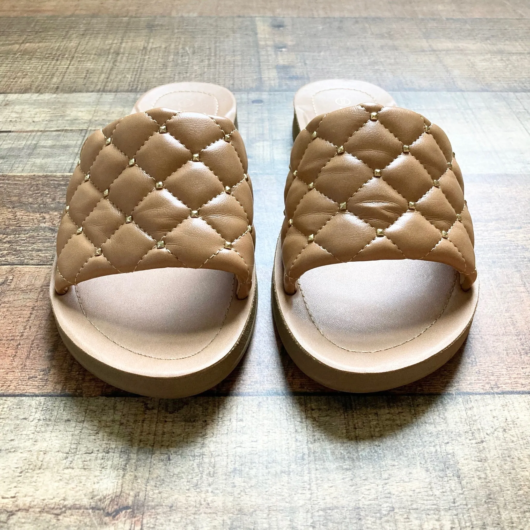 Soda Brown Studded Quilted Slide On Sandals- Size 9 (sold out online)