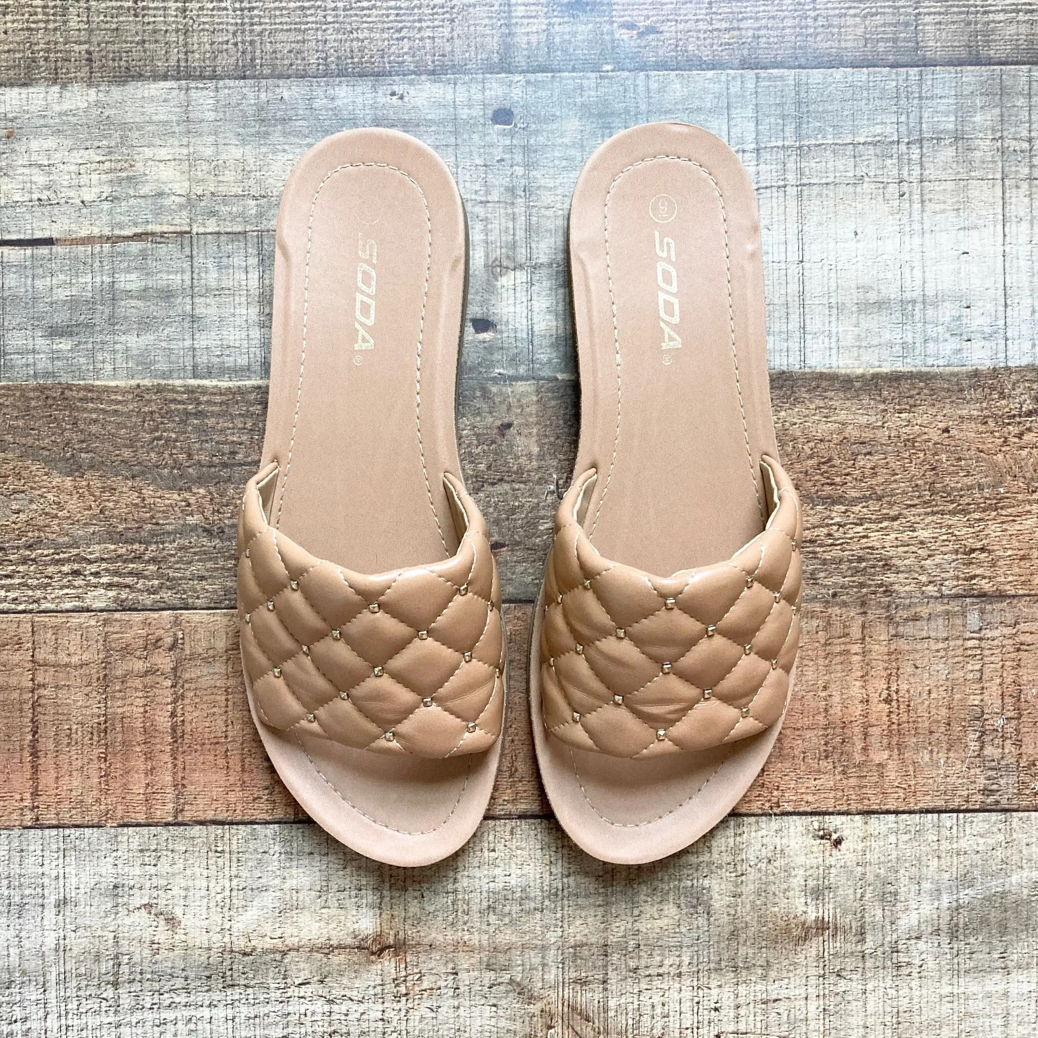 Soda Brown Studded Quilted Slide On Sandals- Size 9 (sold out online)