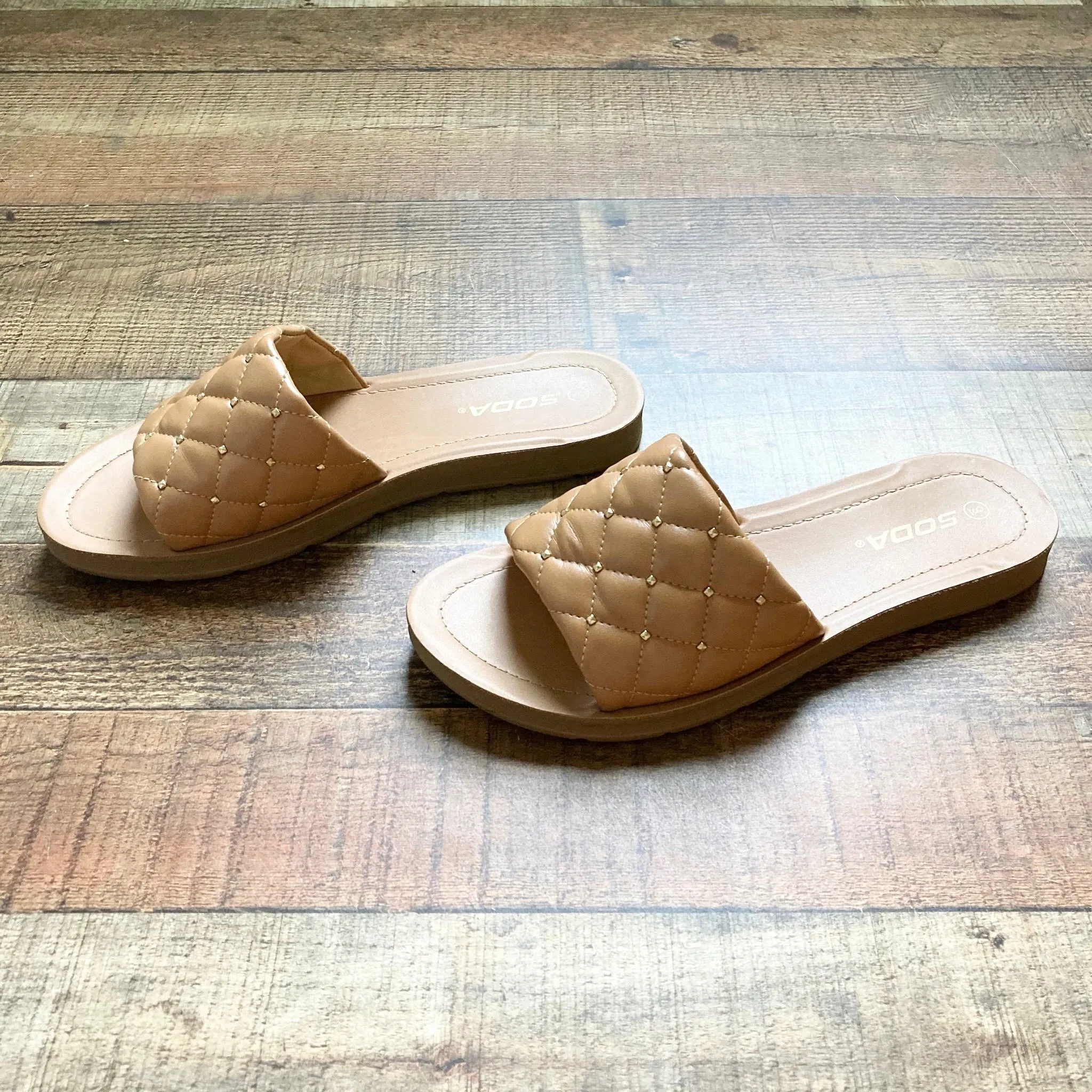 Soda Brown Studded Quilted Slide On Sandals- Size 9 (sold out online)