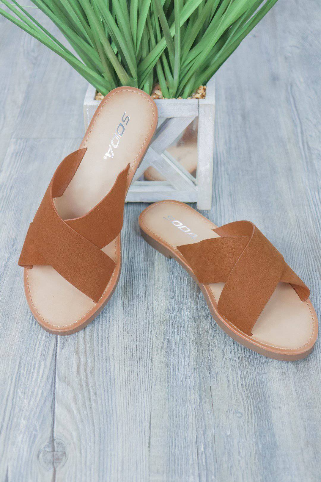 Tan Slide On Criss Cross Sandals - Cognac