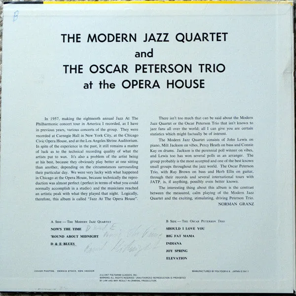 The Modern Jazz Quartet And The Oscar Peterson Trio ~ At The Opera House