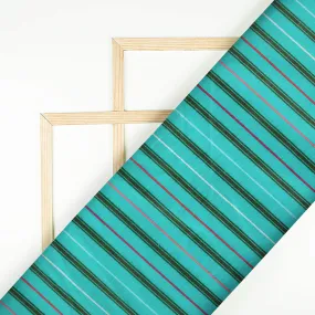 Turquoise And Olive Green Stripes Pattern Digital Print Georgette Fabric (Width 56 Inches)