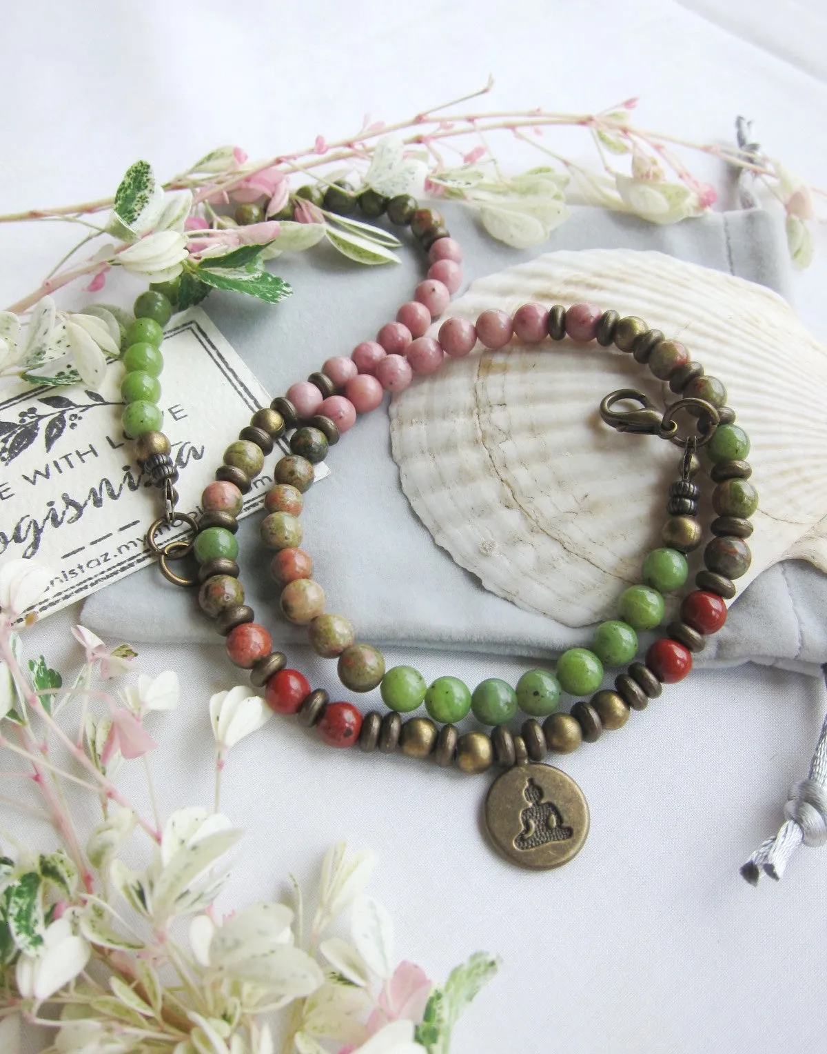 Unakite, Olive Jade and Pink Rhodonite Necklace