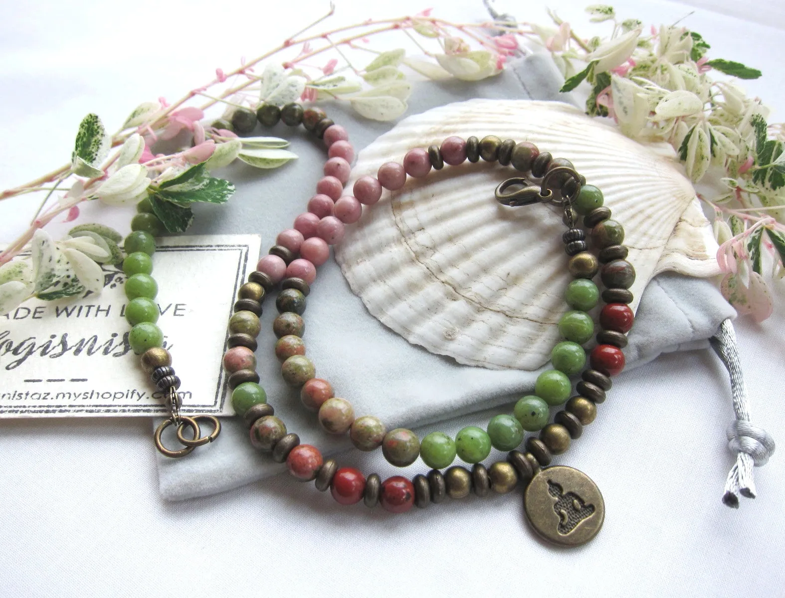 Unakite, Olive Jade and Pink Rhodonite Necklace