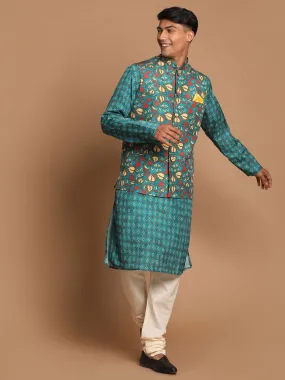 VASTRAMAY Men's Green Printed Nehru Jacket And kurta With Cream Pyjama Set