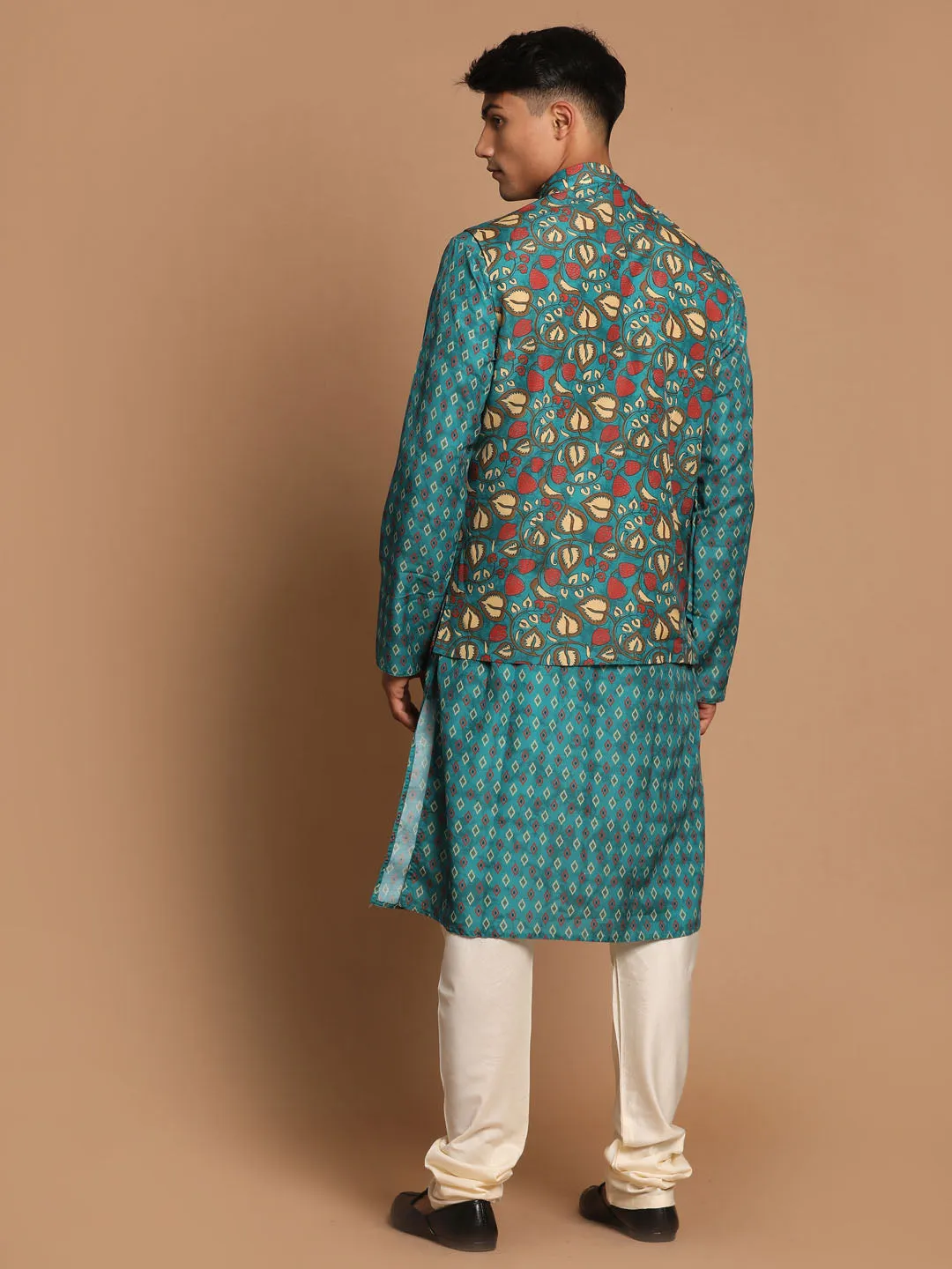 VASTRAMAY Men's Green Printed Nehru Jacket And kurta With Cream Pyjama Set