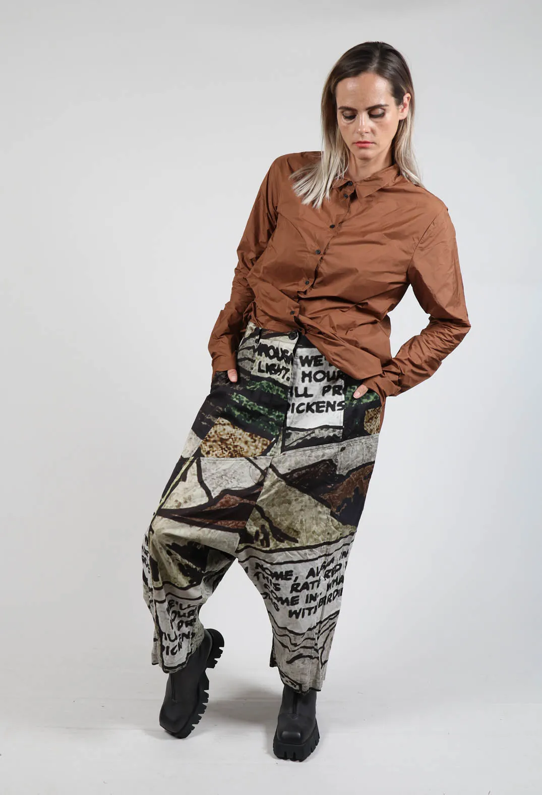 Wide Leg Drop Crotch Trousers in Big Comic Print