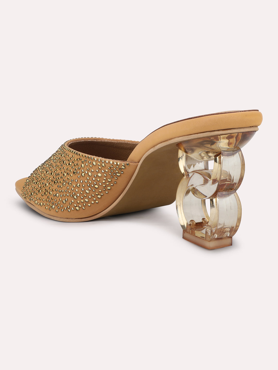 Women Beige & Gold-Toned Embellished Open Toe Transparent Block Heels