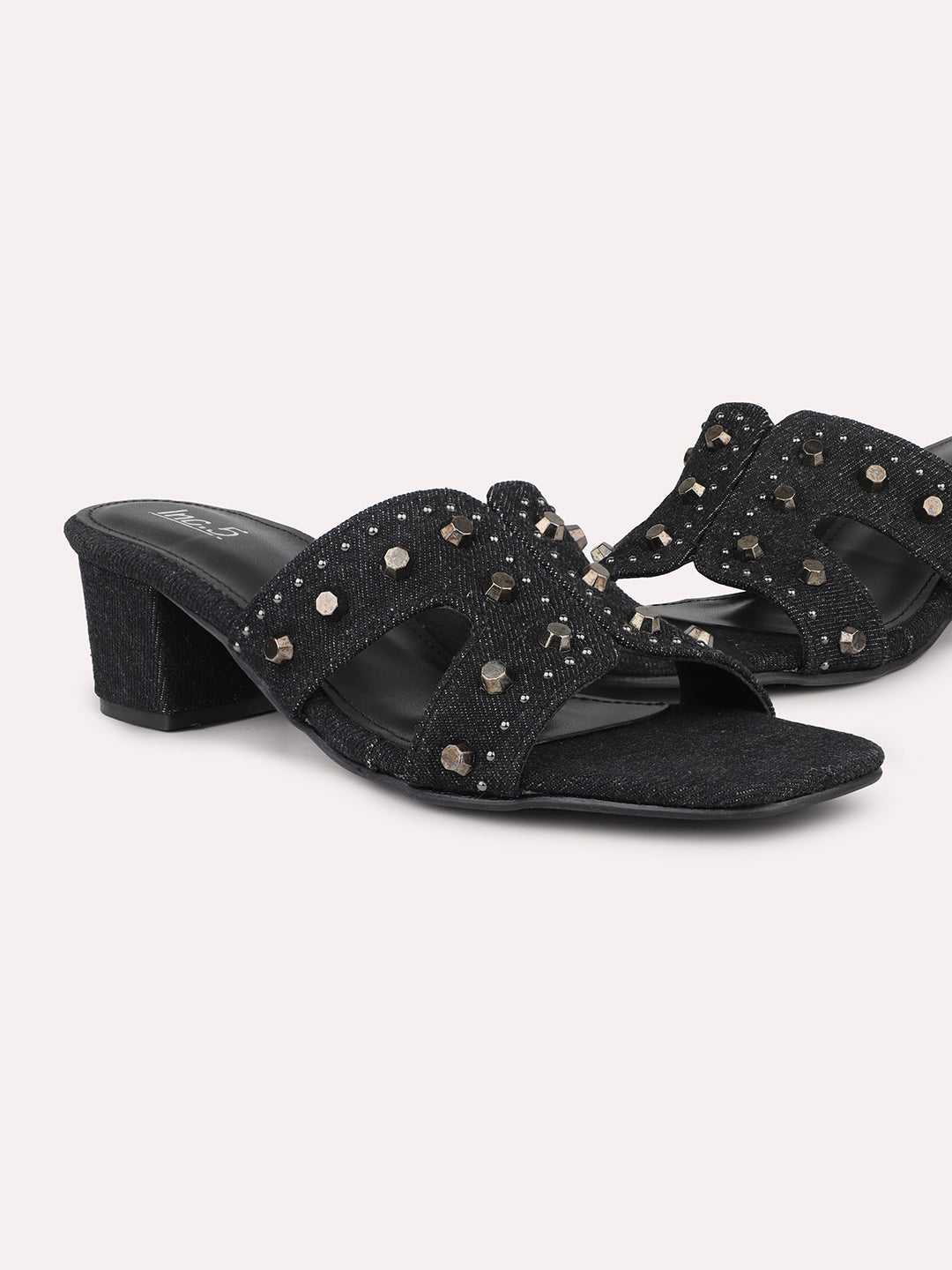 Women Black Denim Round Metal Studded Open Toe Block Heels