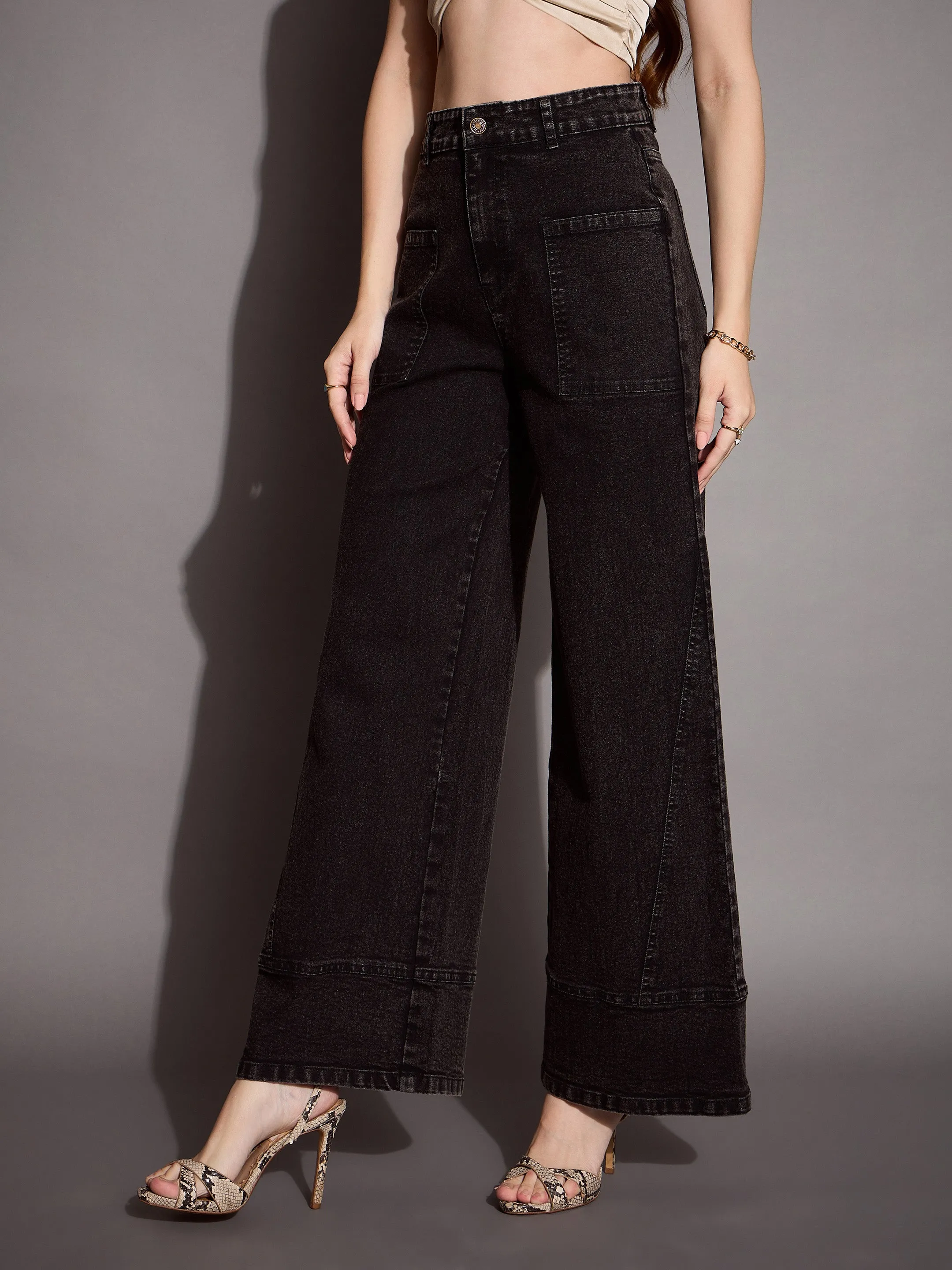 Women Black Wash Patch Pocket Wide Leg Jeans