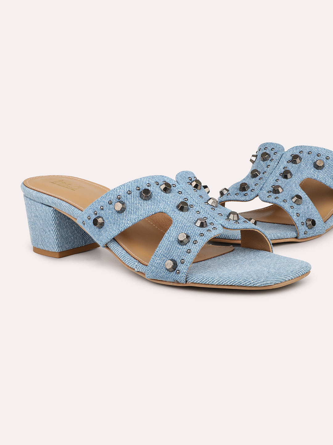 Women Blue Denim Round Metal Studded Open Toe Block Heels