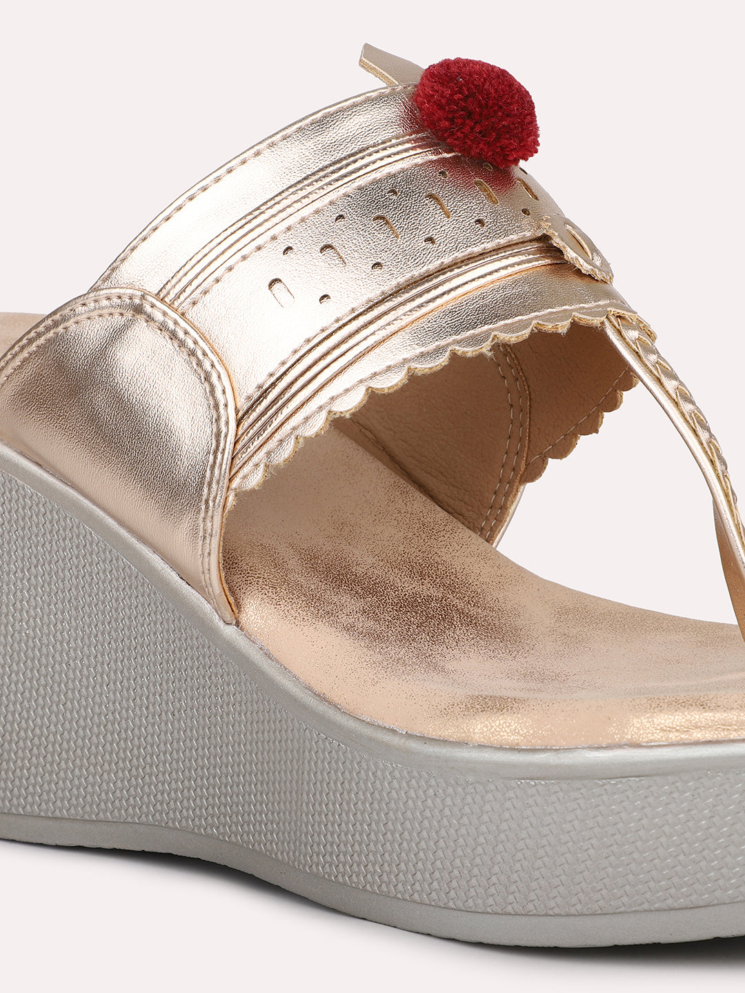 Women Rose Gold Textured Embellished One Toe Kolhapuri Wedge Heels