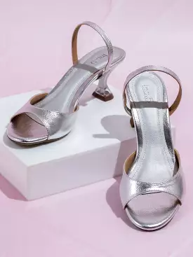 Women Silver Open Toe Party Kitten Heels With Backstrap