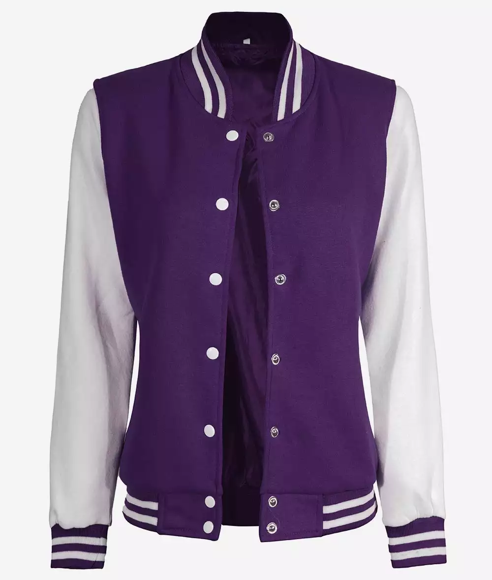 Women's Purple and White Varsity Letterman Style Baseball Jacket