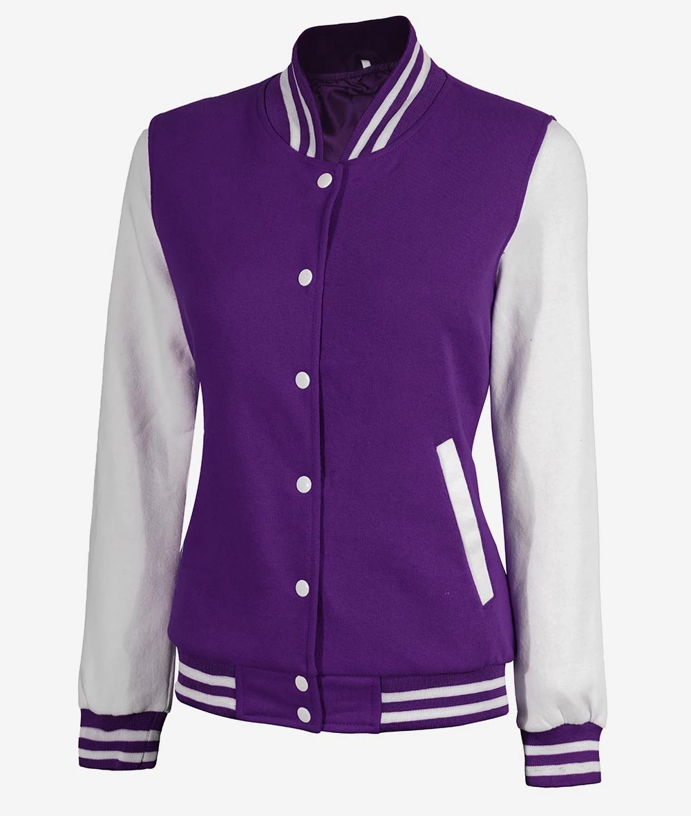 Women's Purple and White Varsity Letterman Style Baseball Jacket