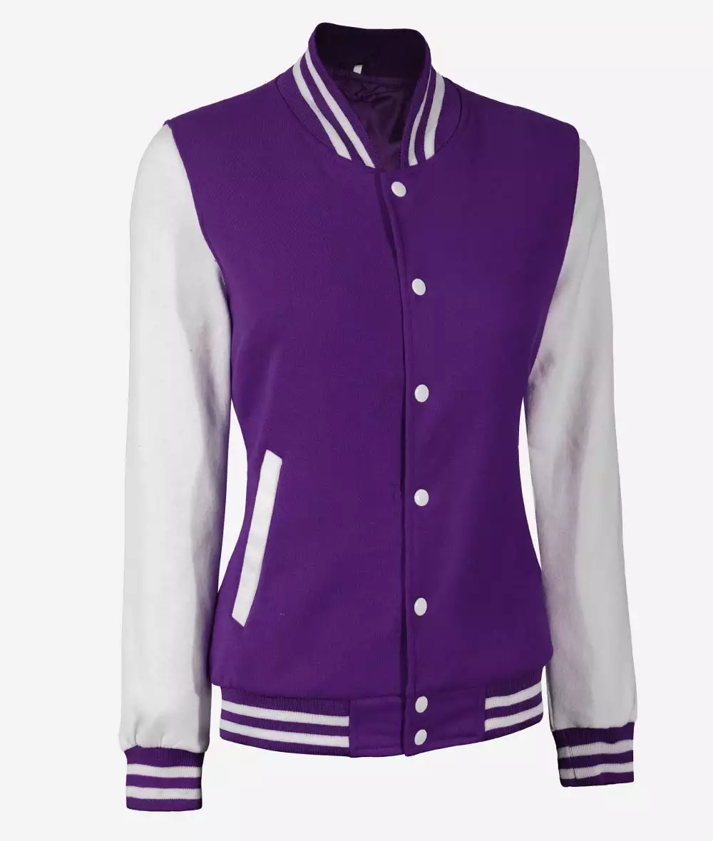 Women's Purple and White Varsity Letterman Style Baseball Jacket