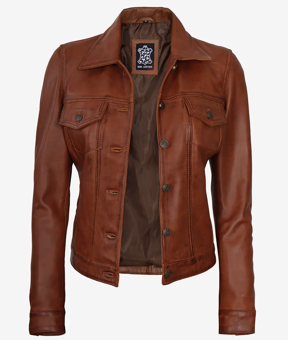 Womens Cognac Brown Trucker Leather Jacket