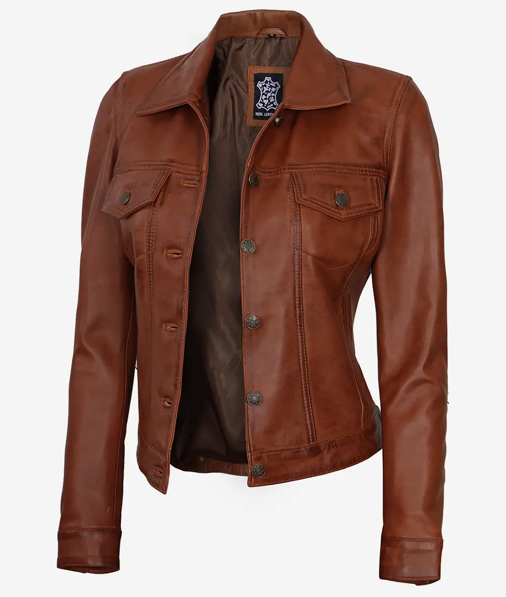 Womens Cognac Brown Trucker Leather Jacket