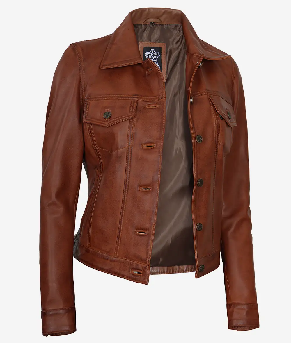 Womens Cognac Brown Trucker Leather Jacket