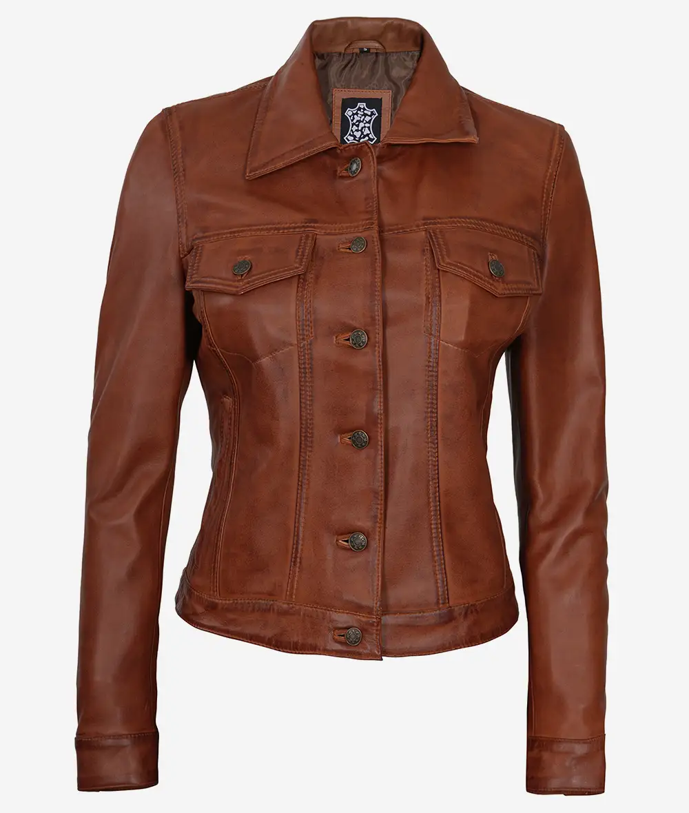 Womens Cognac Brown Trucker Leather Jacket