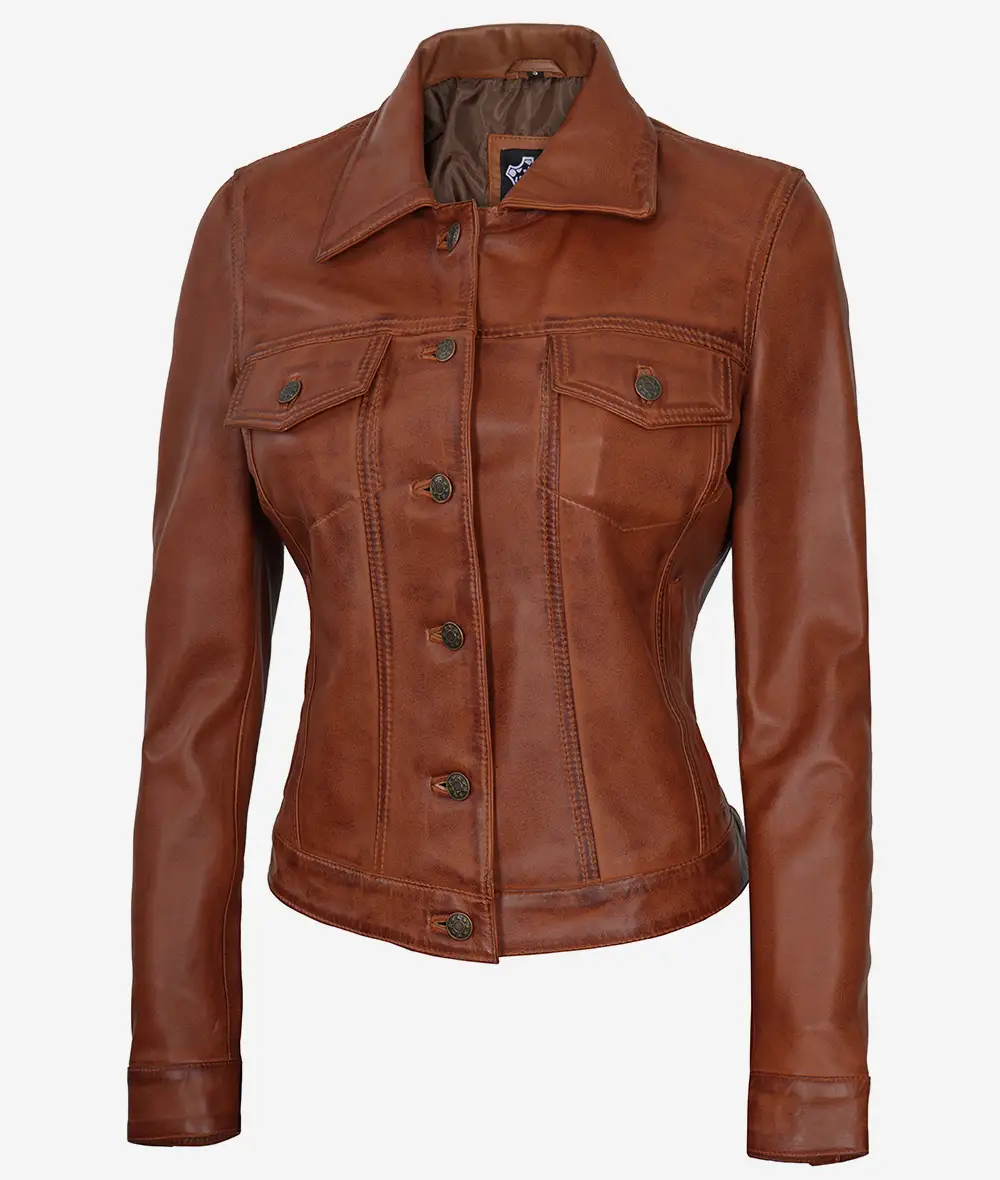 Womens Cognac Brown Trucker Leather Jacket